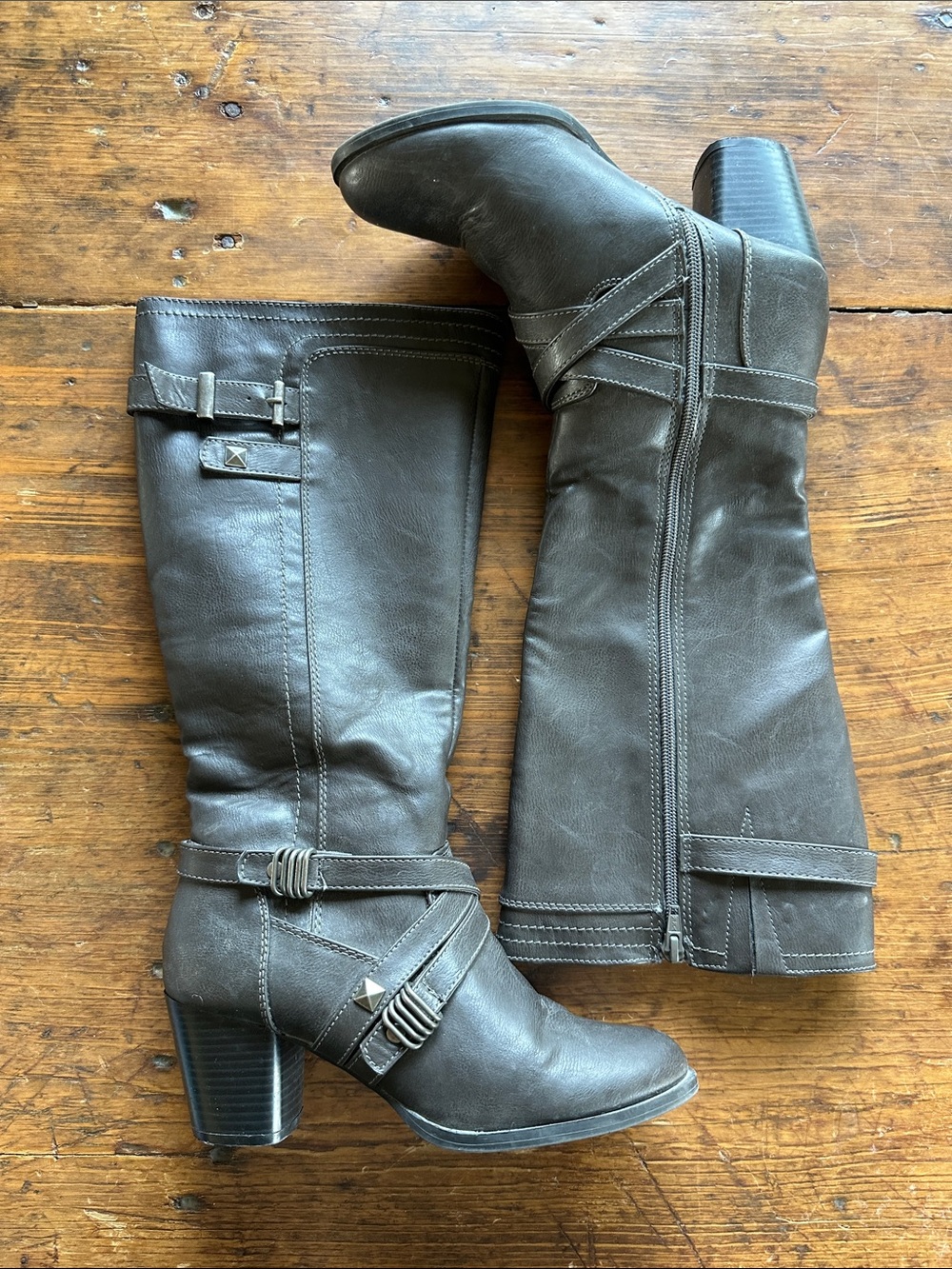 Rialto Gray Leather Mid-Calf Heeled Boots